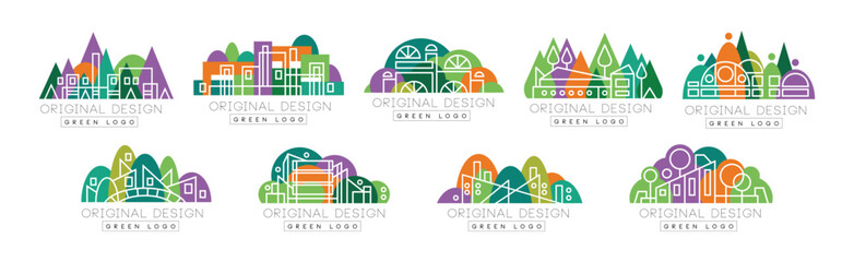 Poster - Green Logo Original Design with City and Park Element Vector Set