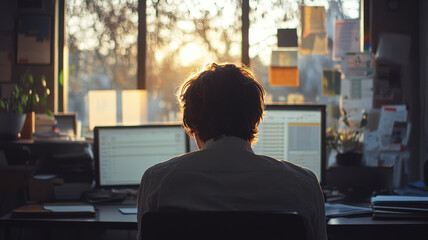 Poster - person deep in thought while reviewing data report at sunset, surrounded by paperwork and plants. warm light creates reflective atmosphere
