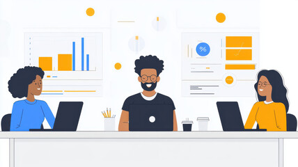 Poster - Collaborative team analyzing customer data trends with laptops. Engaged individuals discuss insights and strategies in modern workspace, showcasing teamwork and data analysis