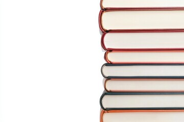 Poster - Various books of different genres are aligned on a white background, illustrating colorful covers and spines, inviting exploration and enjoyment. Generative AI