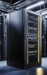 Poster - A modern data center showcasing a server rack with illuminated components, emphasizing advanced technology and efficient data management.