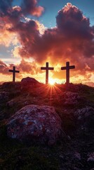 Sticker - Sunset over three crosses on hill surrounded by blooming flowers during early evening