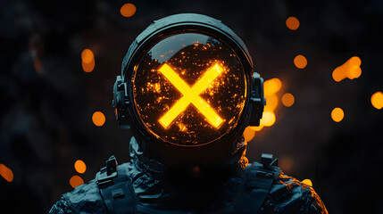 Wall Mural - dark astronaut with two yellow x's over his eyes, accented by orange lighting.