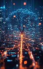 Poster - A modern tree depicted in a digital landscape, blending nature and technology. The vibrant colors represent data flow amidst a futuristic city backdrop.