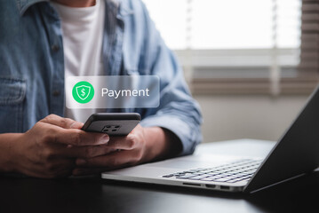Leinwandbilder - Mobile Payment Security Protection. Person using a smartphone for secure online payment, featuring a payment confirmation icon. Safe online transactions and digital financial protection.