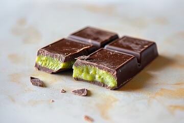 A cut piece of dubai chocolate bar with pistachio kunafa filling