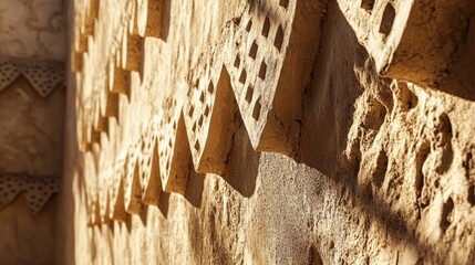 Wall Mural - a close-up photo of diriyah mud-brick walls in riyadh, showing the layered textures and architectura