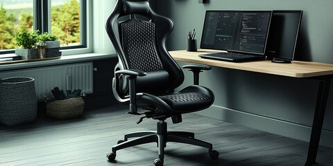 Poster - Comfortable office chair placed in modern workspace with large window view near a computer setup