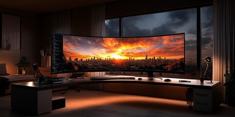 Poster - Modern workspace with a curved monitor displaying a vibrant sunset over a city skyline during evening hours