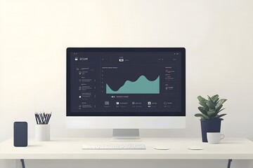 Aufkleber - Modern Desk Setup Featuring Computer Displaying Analytics Dashboard with Minimalist Design, Potted Plant, and Stationery on Light Background