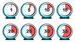 © VectorBum - Timer dials. Minute measurement. Analog clock signs. 5 or 10 seconds. Timepieces with 15, 20, 25 and 30 segments. Red time scale. Delivery service icons. Vector chronometer faces set