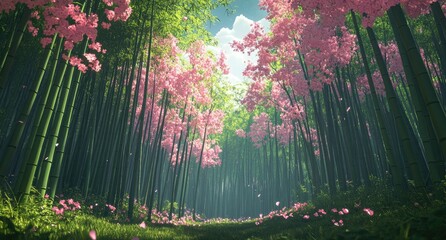 Wall Mural - A bamboo forest with pink cherry blossoms in the background