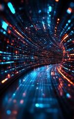 Poster - A vibrant tunnel of light showcasing a blend of blue and orange glowing lines, representing the dynamic energy of technology and innovation.