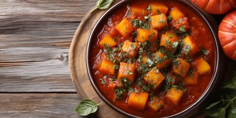 Wall Mural - Bush pumpkin in tomato sauce is a delightful dish showcasing the vibrant flavors of bush pumpkin, perfect for enhancing the food experience with this unique food combination.