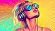 © Thiago - Pop art retro style pretty blonde young woman wearing headphones and sunglasses on vibrant colorful background. created with generative ai. Popart. Illustration
