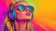 © Thiago - Pop art retro style pretty blonde young woman wearing headphones and sunglasses on vibrant colorful background. created with generative ai. Popart. Illustration