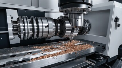 Sticker - A rotor from an electric motor being machined on a lathe, with metal shavings around the setup. The lathe s turning motion and sharp tooling highlight the focus on precision engineering.