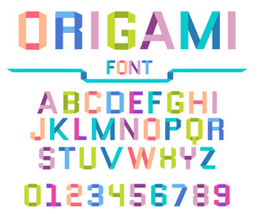 Poster - Multicolor paper alphabet. Folded stripes and ribbons. Origami font design. Capital letters and numbers. Latin ABC. Cardboard uppercase craft shapes. Vector alphabetical text icons set