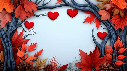 Wall Mural - a vibrant autumn scene featuring red hearts framed by colorful leaves and dark branches, creating a 