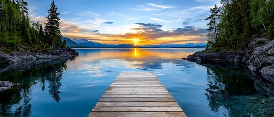 Wall Mural - a serene lake at sunset with a wooden dock extending into calm waters and surrounded by lush greener