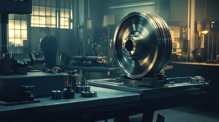 Canvas Print - A rotor mounted on a lathe in a workshop, with a technician adjusting the lathe for precise machining. The spinning metal rotor and attention to detail reflect skilled craftsmanship.