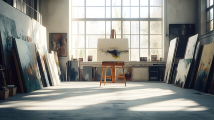 Wall Mural - A large, empty art studio with an easel displaying an abstract painting and multiple paintings leaning against the walls, with natural light shining in from windows.