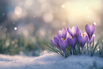 Wall Mural - Spring flowers bloom through melting snow in a serene landscape at dawn