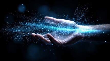 Poster - Sparking Innovation Glowing Blue Particles Dance Above Outstretched Hand Digital Realm Abstract Art Dark Background Futuristic Concept