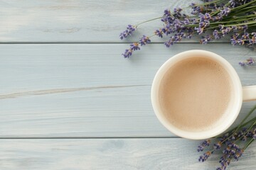 Canvas Print - Relaxing moment with herbal tea and fresh lavender on a wooden table in natural light