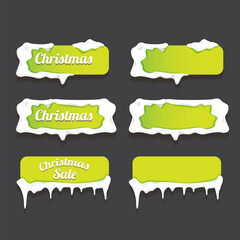 Wall Mural - Christmas vector green glossy buttons set isolated on grey background. Web green christmas sale buttons with snow, snow flakes, ice border