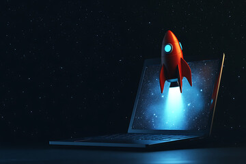 Poster - A rocket emerges from a laptop, symbolizing innovation and exploration in technology.