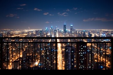 Poster - City skyline at dusk with colorful bokeh lights illuminating urban buildings