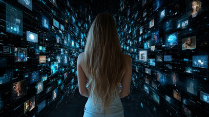 Poster - woman with long hair stands in digital environment, surrounded by floating screens displaying various images and data, creating futuristic and immersive experience