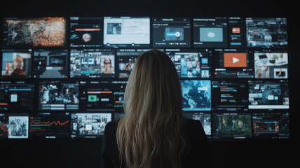 Aufkleber - woman with long blonde hair stands in front of large digital screen displaying various multimedia content, including videos, images, and data charts, in dark room