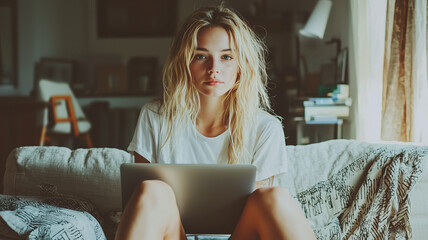 Poster - focused young woman sits on couch working on her laptop, surrounded by cozy home environment. natural light from window adds warmth to scene, creating relaxed atmosphere