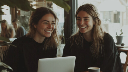 Poster - Two women smiling and collaborating enthusiastically while working on laptop in cozy cafe setting, surrounded by plants and natural light