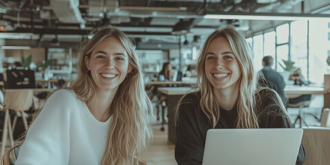 Poster - Two happy women collaborating with enthusiasm in modern office setting