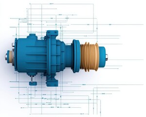 Poster - Highefficiency electric motor, detailed blueprint visualization, 3D illustration