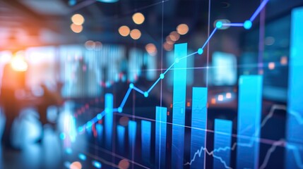 Aufkleber - Blue data visualization with bar graphs stock market trading in modern office setting