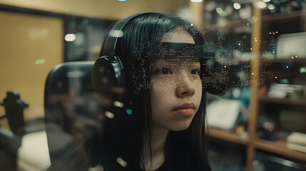 Wall Mural - A double exposure of a pre-teen girl’s face merging with a virtual reality headset, with digital data points floating around her, symbolizing her engagement with technology. The background shows 