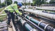 © arri - Worker Inspecting Large Pipes at a Water Treatment Facility