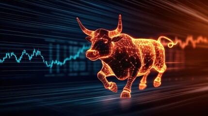 Poster - Rendering Stock Market Bull Concept, Glowing Particle Bull Charging Through Light Waves Illustration