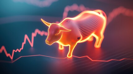 Poster - Rendering Stock Market Bull Concept, Glowing Glass Bull Sculpture Amidst Swirls of Light and Color