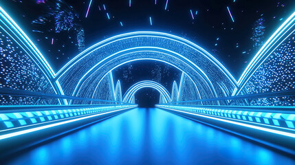 Wall Mural - futuristic and technological glowing blue concept bridge on dark background