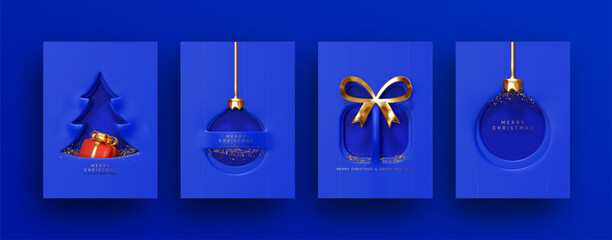 Wall Mural - set of luxury festive christmas card with cutout designs on vibrant blue background. christmas minim