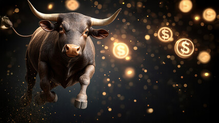 Poster - Rendering Stock Market Bull Concept, Vibrant Abstract Bull Leaping Through Glowing Particles and Light