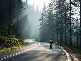 Poster - Cyclist riding on the road in the forest. Adventure travel concept