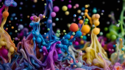 Poster - Colorful paint splashes isolated on black background. 3d rendering