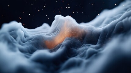 Abstract visualization of a cosmic cloud or nebula with glowing particles and smoky textures against a dark blue background, conveying a sense of space and mysticism.