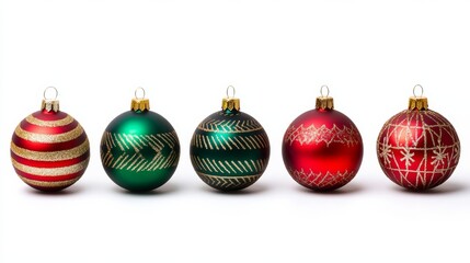 Wall Mural - Decorative Christmas balls featuring patterns; isolated on white, showcasing red, gold, and green colors 